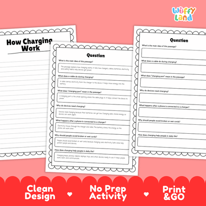 Three printable worksheet pages about charging phones are shown on a pink background with promotional text reading 'Clean Design,' 'No Prep Activity,' and 'Print & Go.' The sheets have black text and bordered edges, with the central page titled 'Question.