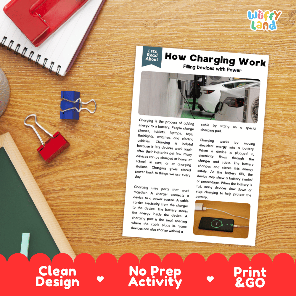 An educational printout titled 'How Charging Work Filing Devices with Power' by Wiffy Land, displayed on a wooden desk with binder clips and a red notebook. The print features diagrams and text about how batteries and charging ports work, with a red banner at the bottom reading 'Clean Design', 'No Prep Activity', and 'Print & GO'.