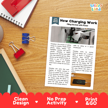 An educational printout titled 'How Charging Work Filing Devices with Power' by Wiffy Land, displayed on a wooden desk with binder clips and a red notebook. The print features diagrams and text about how batteries and charging ports work, with a red banner at the bottom reading 'Clean Design', 'No Prep Activity', and 'Print & GO'.