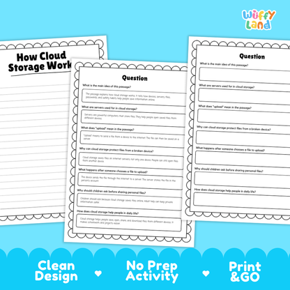 Three printable worksheet pages for a cloud storage lesson, shown on a bright blue background with the brand name Wiffly Land in the top right. The pages include writing prompts and question sections, with decorative scalloped borders.