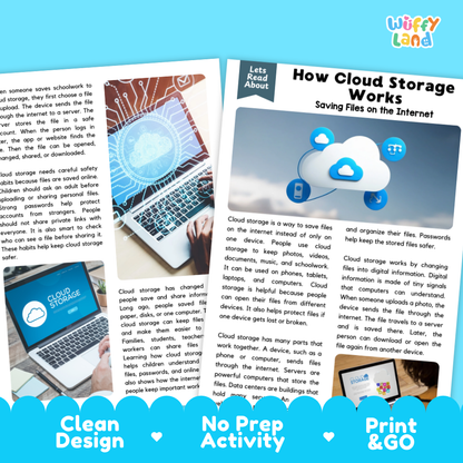 Three printed cloud storage awareness posters displayed side by side on a white background. The posters feature educational text, a gingerbread man with a cloud icon, a blue cloud storage icon, and the 'Wuffly Land' brand logo in the top right corner.