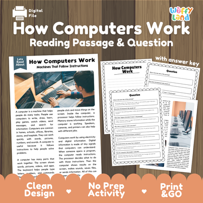 Digital reading activity sheet titled 'How Computers Work' with a reading passage, worksheet pages, and promotional text on a wood background. The design includes a 'Digital File' label, a 'Wiffly Land' logo, and orange banners at the bottom.