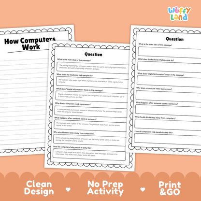 Three printable educational worksheet pages about computers displayed on an orange background with the text 'How Computers Work' and 'Clean Design No Prep Activity Print & Go' by Wiffi Land.