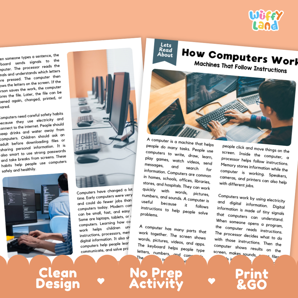 An educational poster titled 'How Computers Work' with a 'Wuffy Land' logo in the top right. The poster features a light blue and white background with text explaining how computers process and display information, accompanied by cartoon illustrations of a computer and a mouse.