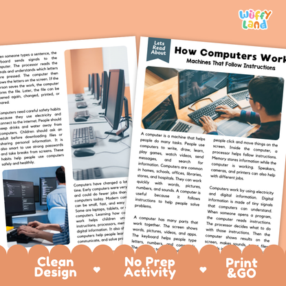 An educational poster titled 'How Computers Work' with a 'Wuffy Land' logo in the top right. The poster features a light blue and white background with text explaining how computers process and display information, accompanied by cartoon illustrations of a computer and a mouse.