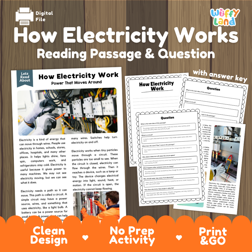 Digital product preview for a reading activity titled 'How Electricity Works: Reading Passage & Question' by Wiffle Land. The graphic shows a wood-textured background, a sample passage page, worksheet pages with question and answer layouts, and orange banner text highlighting 'Clean Design', 'No Prep Activity', and 'Print & GO'.