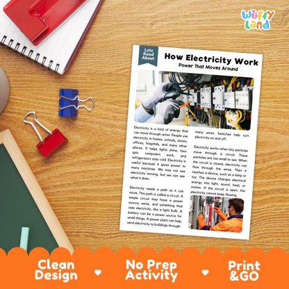 An educational activity sheet titled 'How Electricity Work' laid out on a wooden desk with a red notebook, blue binder clips, and a colorful 'Wiffle Land' logo in the corner. The sheet includes text, diagrams, and a small photo of a circuit board.