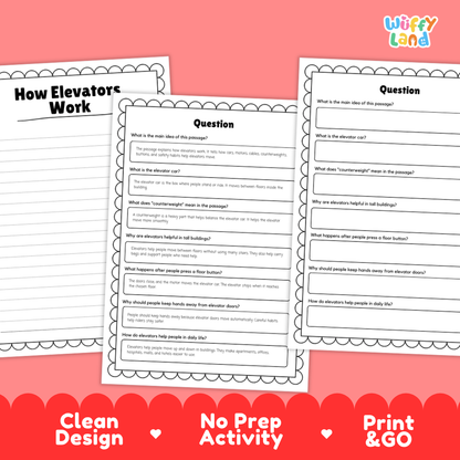 Three printable worksheet pages about elevator function are shown on a pink background with promotional text at the bottom. The pages have a scalloped border and printed questions with blank lines for writing.