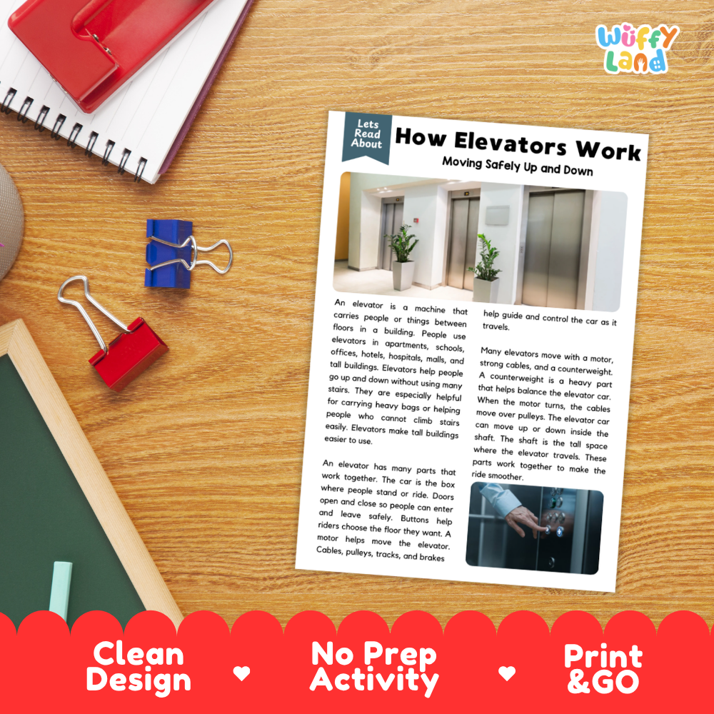 An educational activity sheet titled 'How Elevators Work' laid flat on a wooden desk, surrounded by stationery props including a red notebook, blue binder clips, and a pen. The sheet features text and a small diagram.