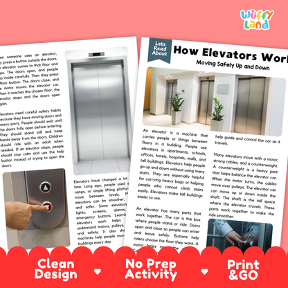 Three printed activity/booklet pages about elevators are shown on a white background with a red banner at the bottom reading 'Clean Design', 'No Prep Activity', and 'Print & Go'. The top header says 'Wiffly Land' and includes the title 'How Elevators Work'.