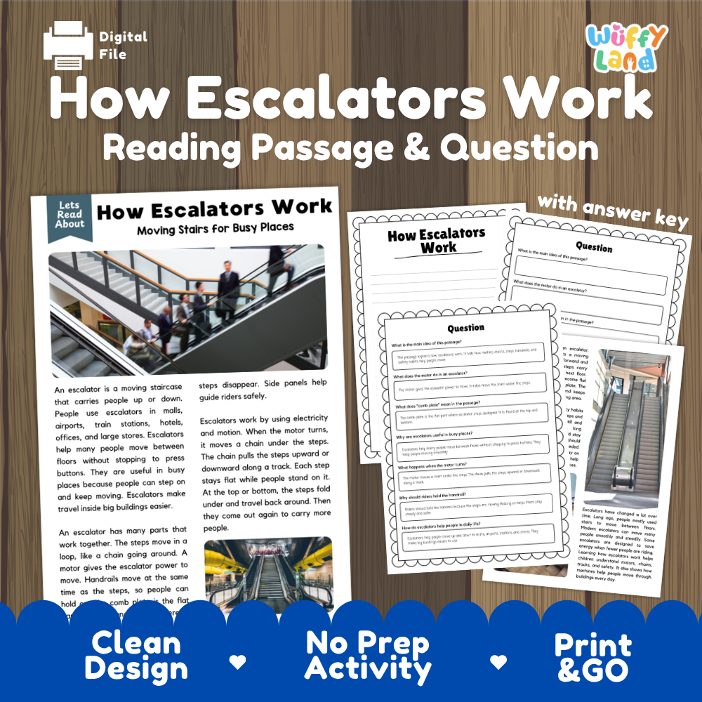 Digital reading activity sheet for 'How Escalators Work' with a reading passage, multiple question pages, and an answer key, presented on a wood-textured background with promotional text at the bottom.