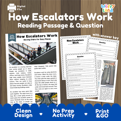 Digital reading activity sheet for 'How Escalators Work' with a reading passage, multiple question pages, and an answer key, presented on a wood-textured background with promotional text at the bottom.