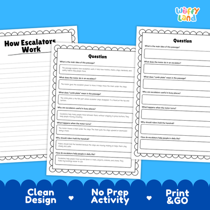 Three printable worksheet pages for an escalator activity are shown on a bright blue background. The pages are white with black text and scalloped borders, with the title 'How Escalator Work' on the left page and two more pages titled 'Question' on the right.