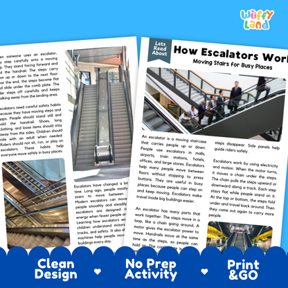 Educational activity kit pages from 'Wuffly Land' showing a reading comprehension text about escalators, a 'Let's Read About' header card, and two fold-out activity mats labeled 'Clean Design', 'No Prep Activity', and 'Print & Go'.