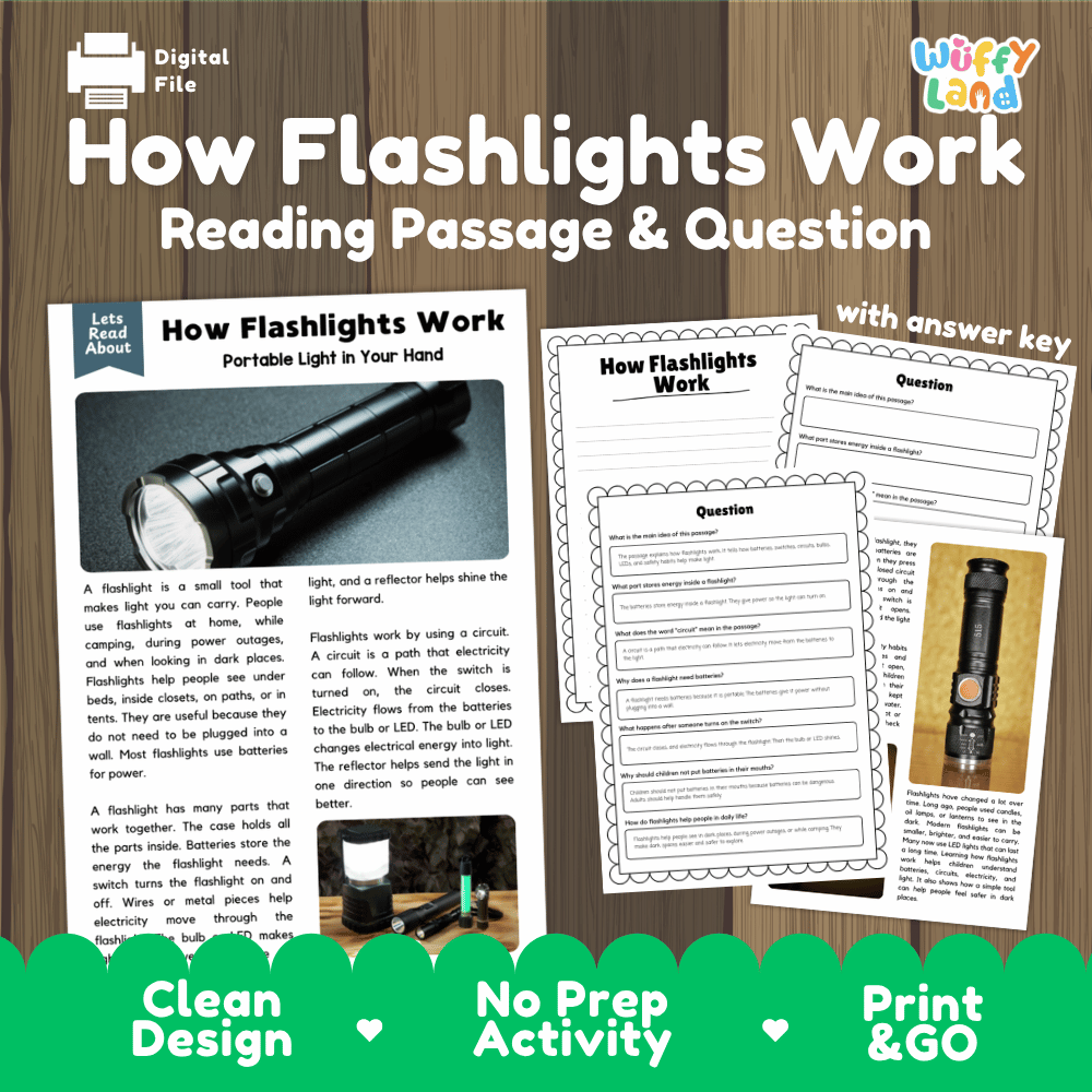 Digital educational activity sheet titled 'How Flashlights Work: Reading Passage & Question' with an answer key page, shown on a wood-textured background. The design includes explanatory text, sample flashlight photos, worksheet pages, and promotional badges for a clean, no-prep print-and-go format.