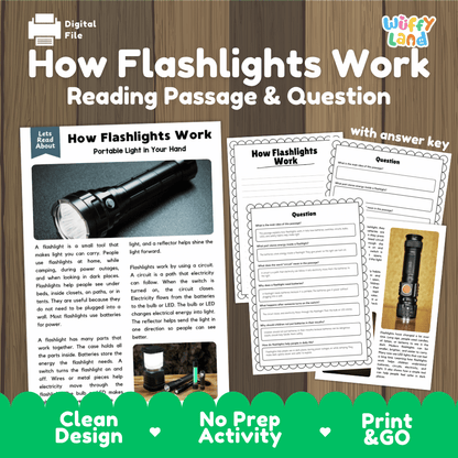 Digital educational activity sheet titled 'How Flashlights Work: Reading Passage & Question' with an answer key page, shown on a wood-textured background. The design includes explanatory text, sample flashlight photos, worksheet pages, and promotional badges for a clean, no-prep print-and-go format.