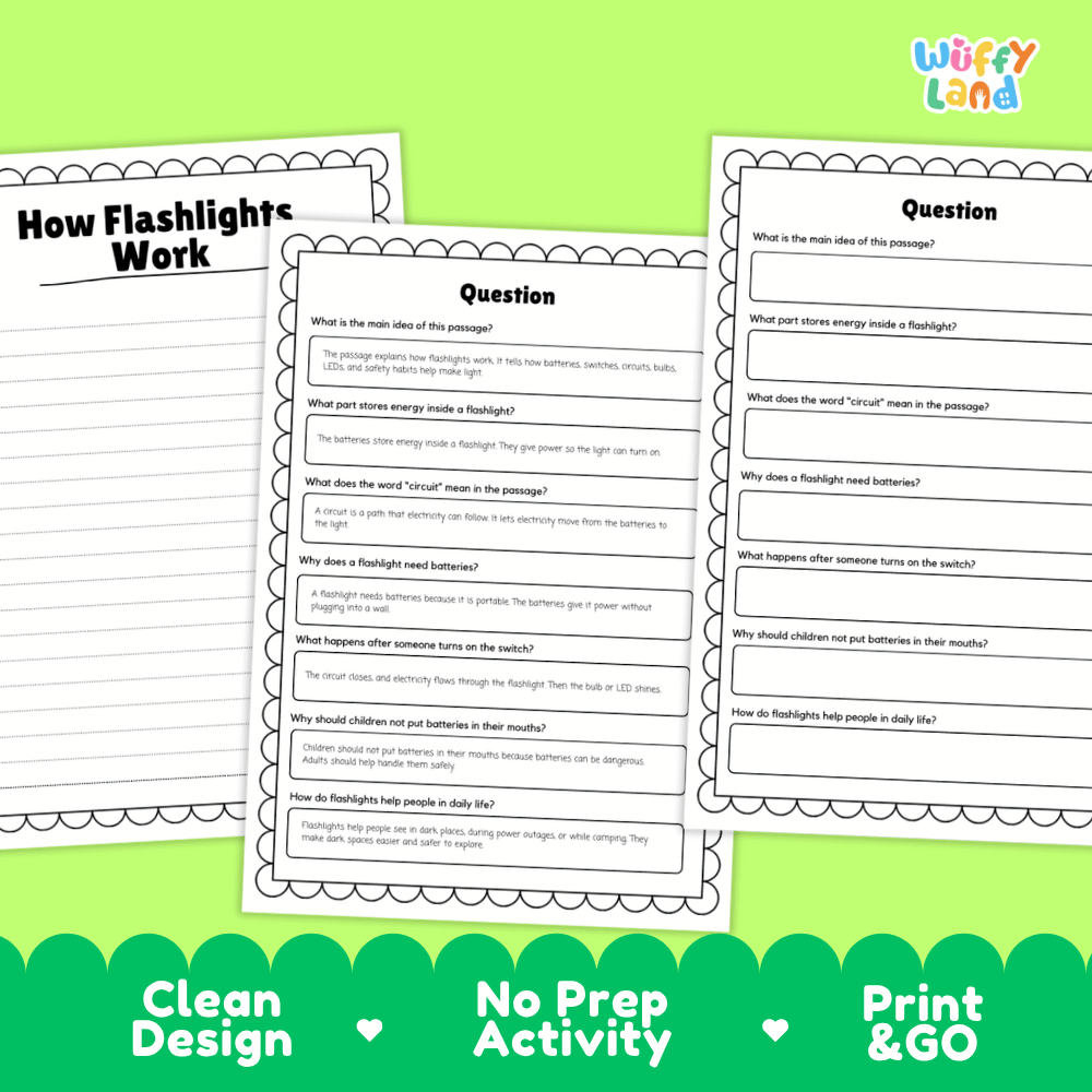 Three printable worksheet pages about flashlights displayed on a bright green background with promotional text reading 'Clean Design', 'No Prep Activity', and 'Print & GO'. The top-right corner shows the brand name 'Wiffly Land'.