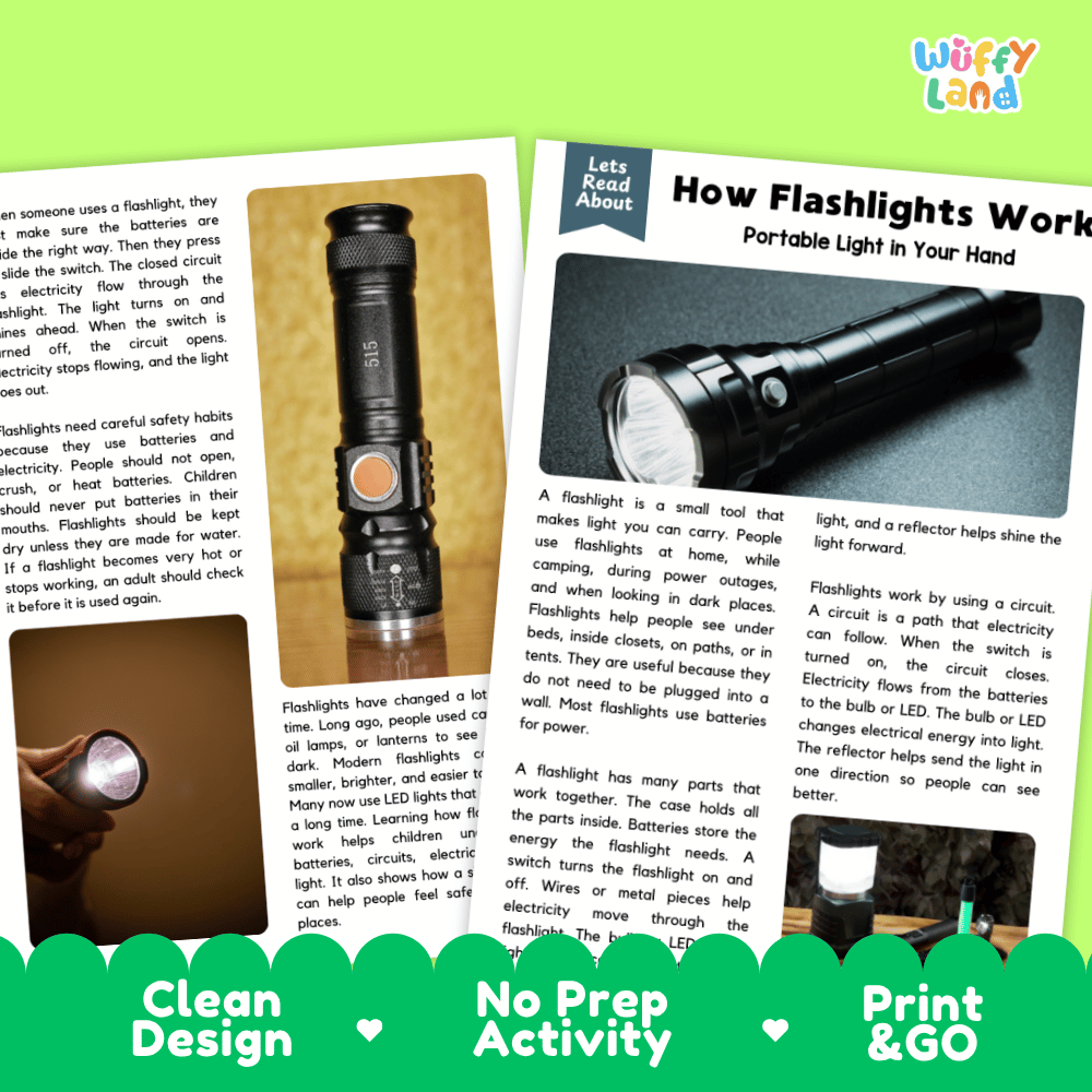 A printed educational activity sheet titled 'How Flashlights Work' with a photo of a flashlight, text instructions, and a green border reading 'Clean Design', 'No Prep Activity', and 'Print & GO'.