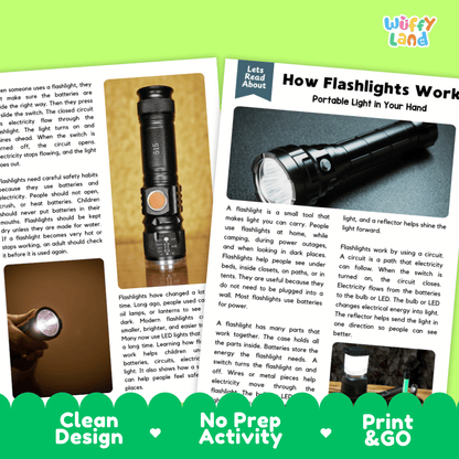 A printed educational activity sheet titled 'How Flashlights Work' with a photo of a flashlight, text instructions, and a green border reading 'Clean Design', 'No Prep Activity', and 'Print & GO'.