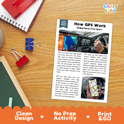 An educational GPS activity booklet page titled 'How GPS Work' laid on a wooden desk, with binder clips, a red notebook, and a blue pen nearby. The page includes text, small photos, and a phone screen graphic.
