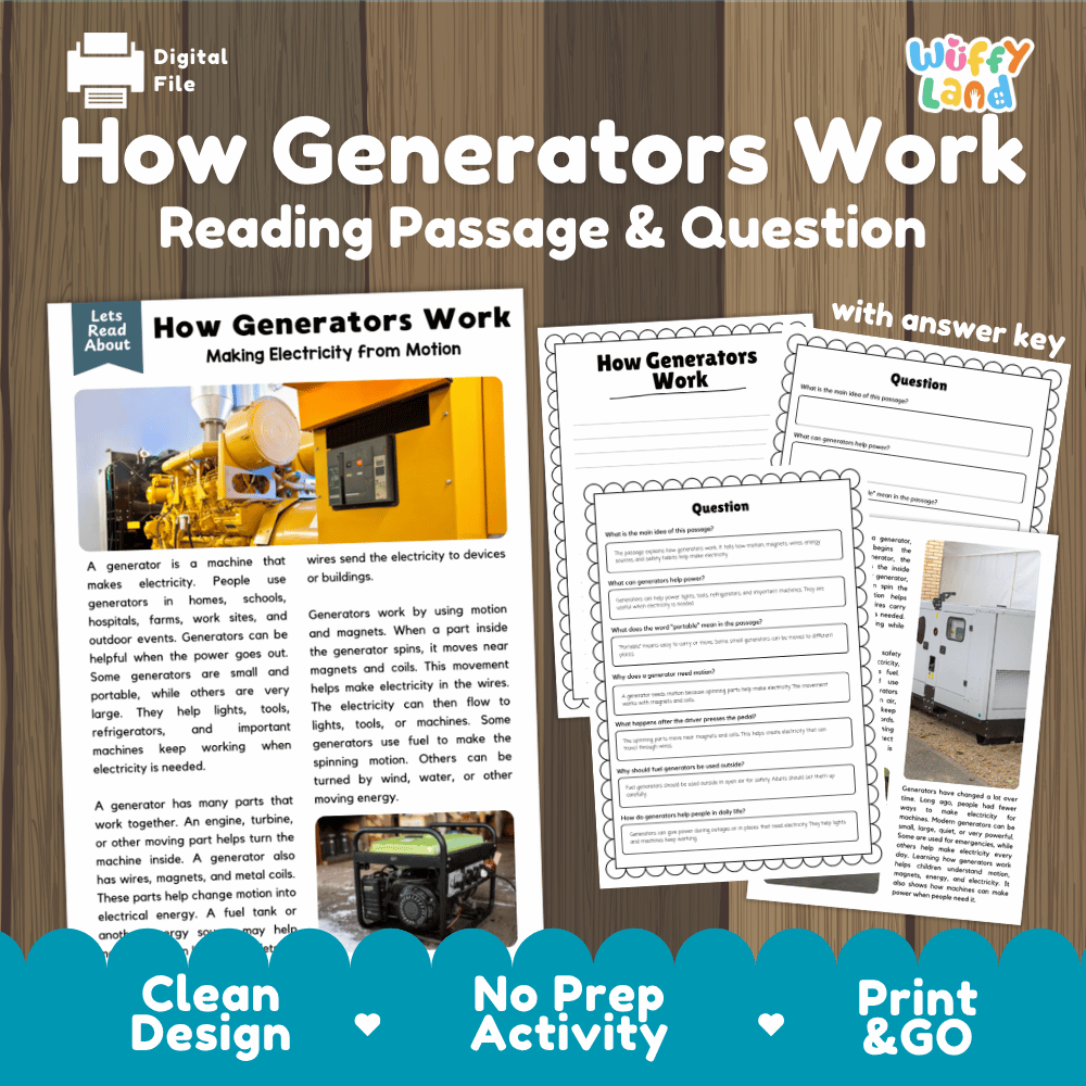 Digital educational worksheet cover titled 'How Generators Work: Reading Passage & Question' with a wood-grain background, a small product inset photo, sample worksheet pages, and marketing text including 'Clean Design', 'No Prep Activity', and 'Print & GO'.