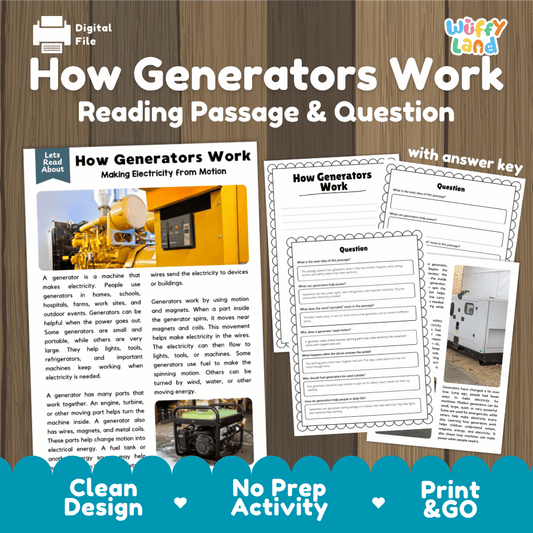 Digital educational worksheet cover titled 'How Generators Work: Reading Passage & Question' with a wood-grain background, a small product inset photo, sample worksheet pages, and marketing text including 'Clean Design', 'No Prep Activity', and 'Print & GO'.