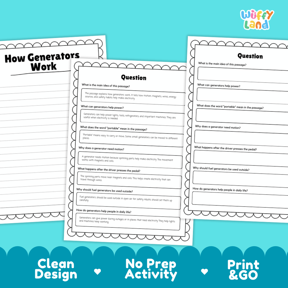 Three printable worksheet pages about generators displayed on a bright blue background with promotional text reading 'Clean Design', 'No Prep Activity', and 'Print & GO'. The pages have a scalloped border and text fields explaining how generators work.