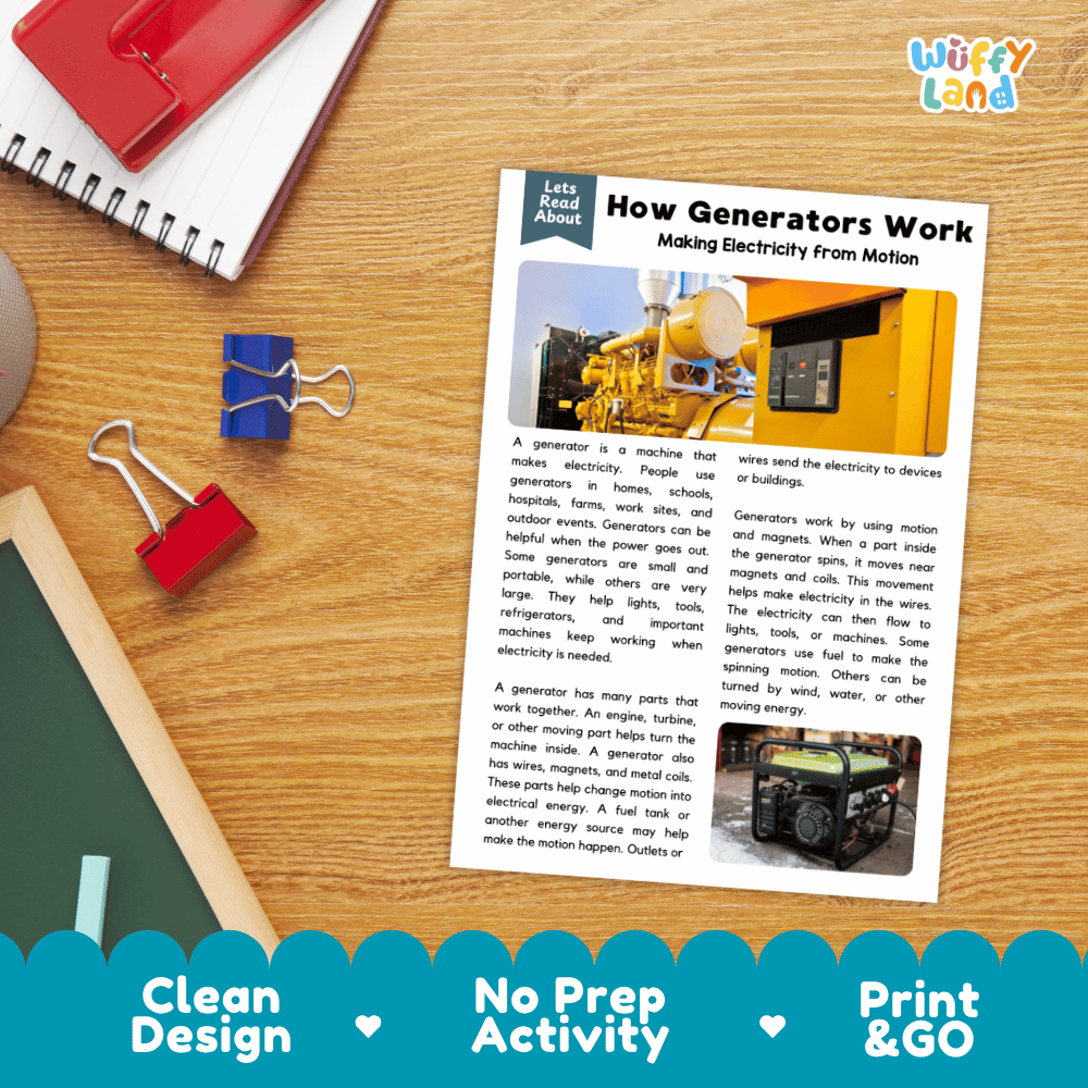 An educational activity sheet titled 'How Generators Work' laid flat on a wooden desk, surrounded by colorful binder clips and a red notebook. The sheet includes text, diagrams, and photos of a generator.