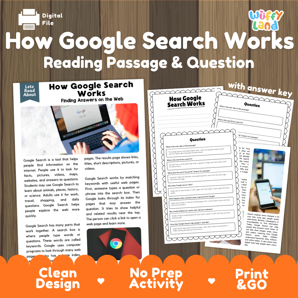 Digital educational activity sheet titled 'How Google Search Works: Reading Passage & Question' with a wood-grain background, sample worksheet pages, and orange promotional banners at the bottom. Branding for 'Wiffle Land' is visible in the top right.