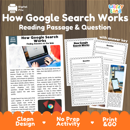 Digital educational activity sheet titled 'How Google Search Works: Reading Passage & Question' with a wood-grain background, sample worksheet pages, and orange promotional banners at the bottom. Branding for 'Wiffle Land' is visible in the top right.