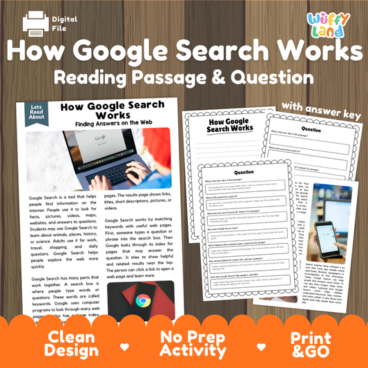 Digital educational activity sheet titled 'How Google Search Works: Reading Passage & Question' with a wood-grain background, sample worksheet pages, and orange promotional banners at the bottom. Branding for 'Wiffle Land' is visible in the top right.