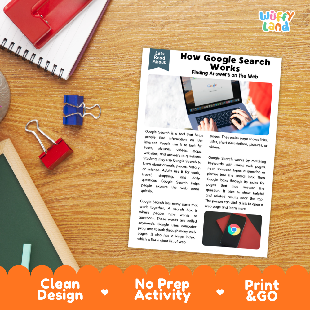 An educational activity print titled 'How Google Search Works' displayed on a wooden desk alongside school supplies like a red notebook, blue binder clips, and a red pencil eraser. The print features a clean design with text, screenshots, and the Google logo, and is framed by orange banners at the bottom reading 'Clean Design', 'No Prep Activity', and 'Print & GO'.