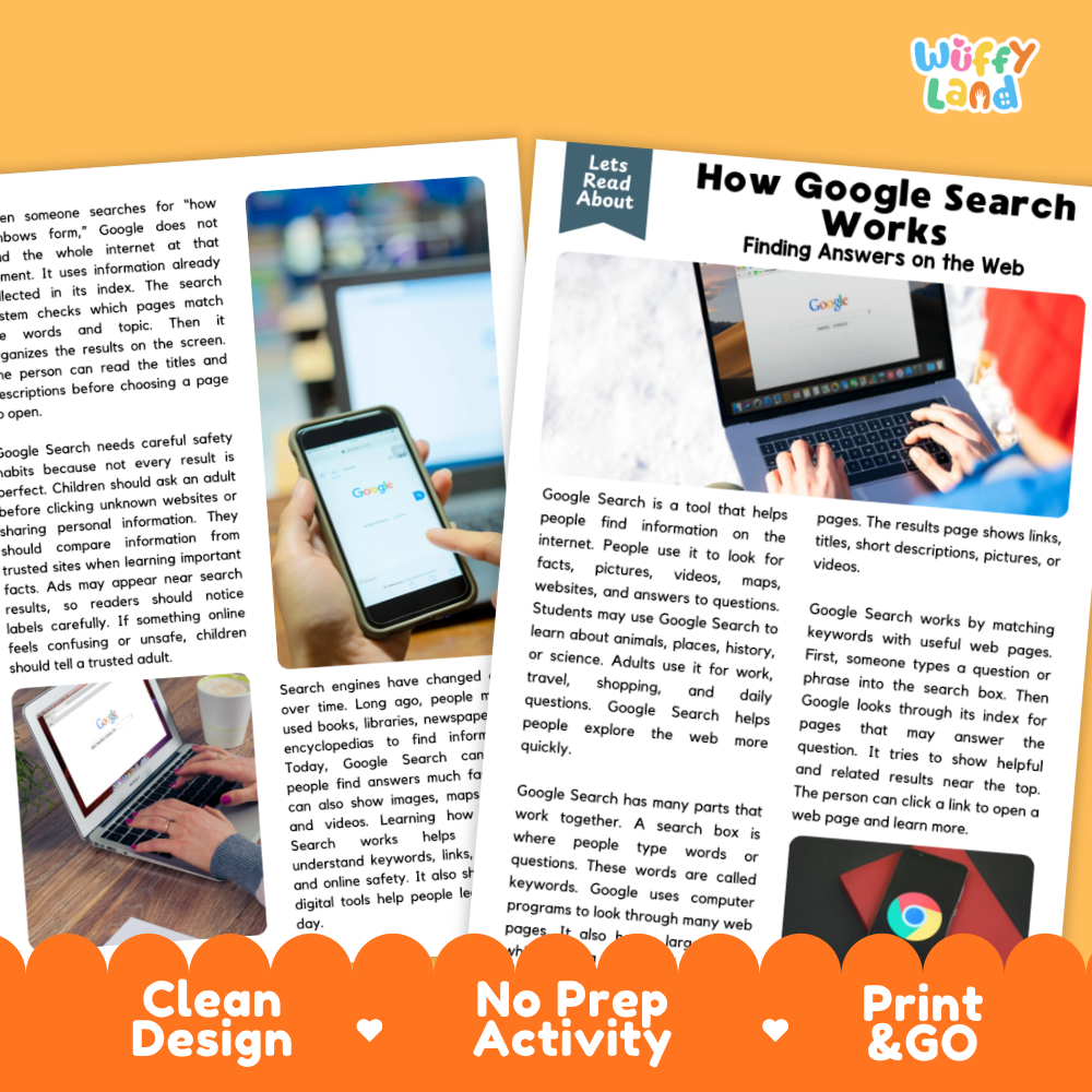 Two printed educational activity sheets about Google Search displayed on a white background with orange decorative banners. The sheets show text about how Google search works, and the top right corner includes the 'Wuffly Land' logo.