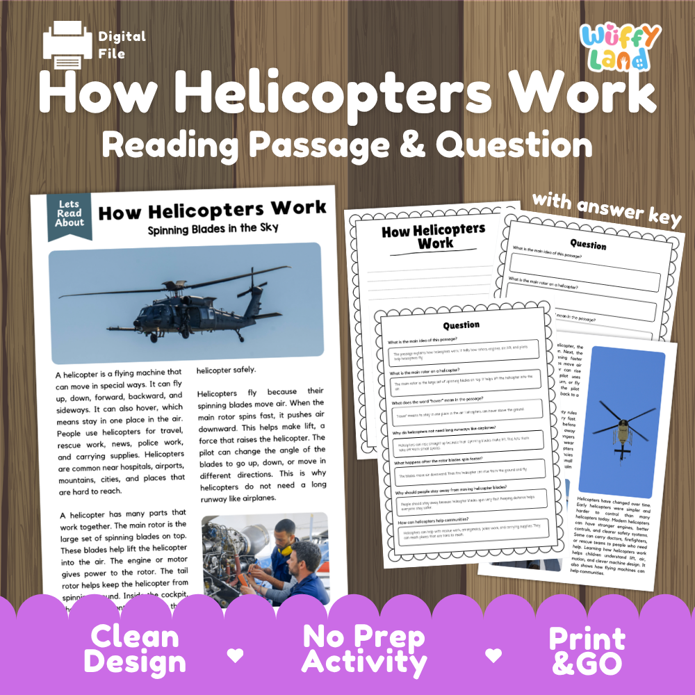 How Helicopters Work Reading Passage and Questions Printable Worksheets with Answer Key
