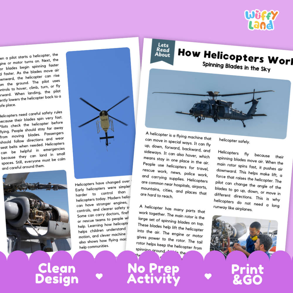 How Helicopters Work Reading Passage and Questions Printable Worksheets with Answer Key