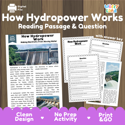 Digital educational activity sheet titled 'How Hydropower Works: Reading Passage & Question' on a wood-textured background. The design shows a sample reading passage, worksheet pages with text and question areas, and a purple banner at the bottom reading 'Clean Design', 'No Prep Activity', and 'Print & GO'.