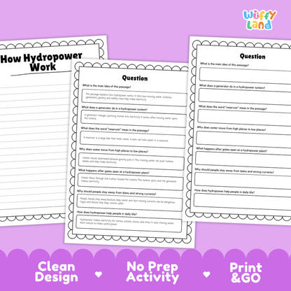Three printable worksheet pages about hydropower are shown on a purple background with promotional text reading 'Clean Design', 'No Prep Activity', and 'Print & GO'. The worksheets have black text and bordered sections, and the brand name 'Wiffi Land' appears in the top right.