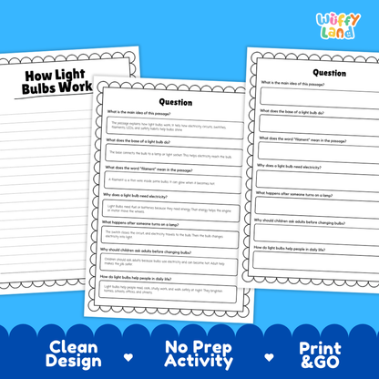 Three printable educational worksheet pages about how light bulbs work, shown on a bright blue background with marketing text reading 'Clean Design,' 'No Prep Activity,' and 'Print & GO.' The sheets are white with black text and decorative scalloped borders.