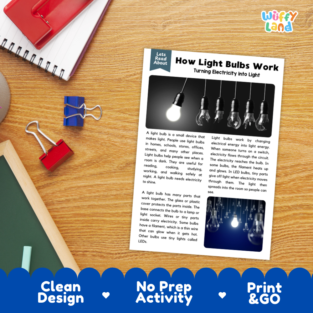 An educational printout titled 'How Light Bulbs Work' laid on a wooden desk, surrounded by school supplies like a red notebook, blue and red binder clips, and a blue pen. The print includes diagrams of light bulbs and text explaining how light bulbs convert electricity into light.