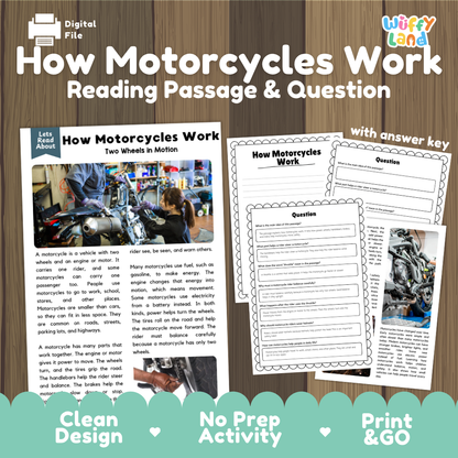 How Motorcycles Work Reading Passage and Questions Printable Worksheets with Answer Key