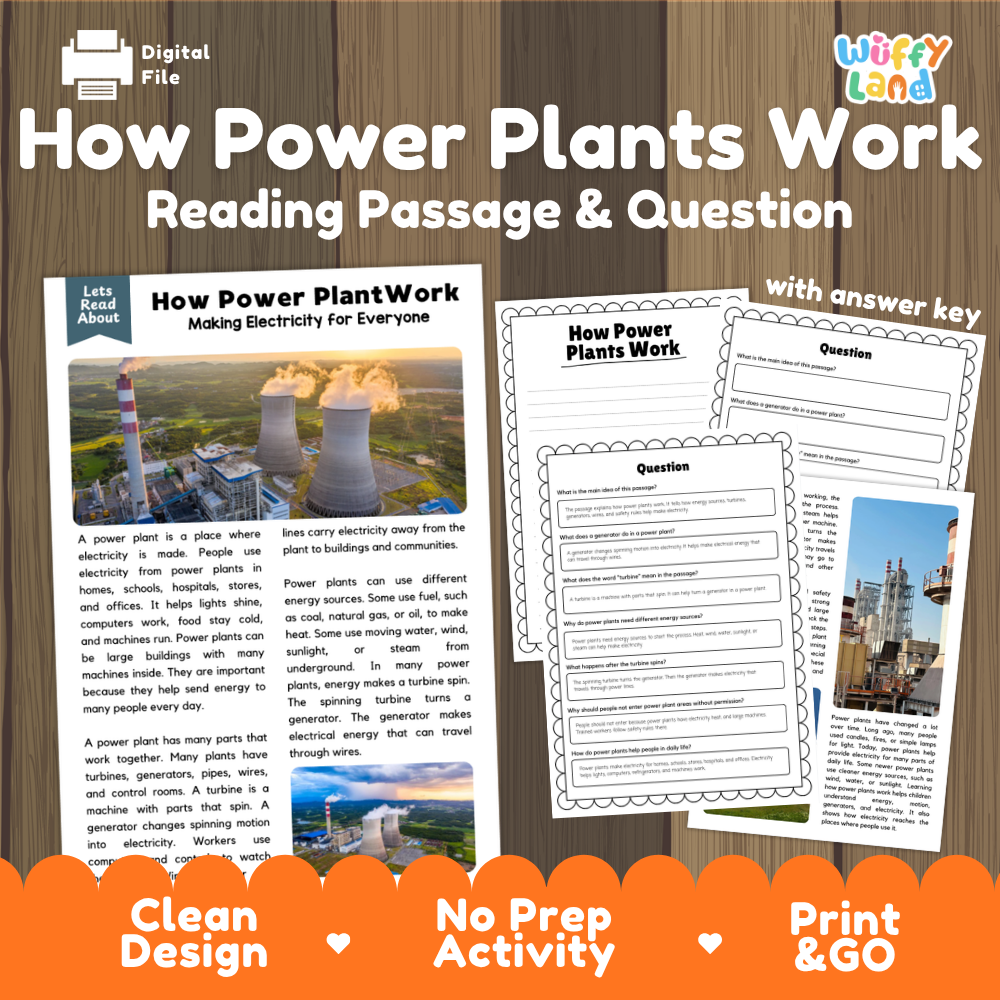 Digital educational resource cover for 'How Power Plants Work: Reading Passage & Question' by Wiffy Land, showing sample worksheet pages and text on a wood background with orange promotional banners at the bottom.