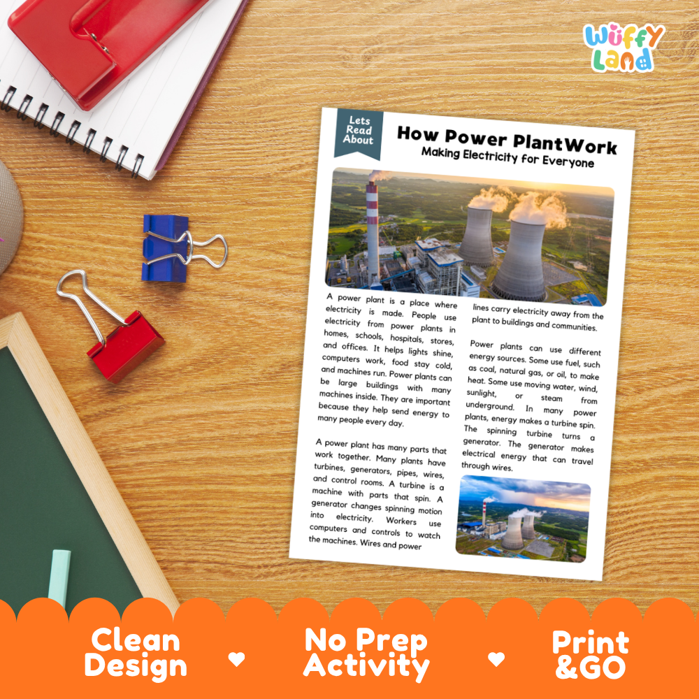 An educational reading activity sheet titled 'How Power Plant Work: Making Electricity for Everyone' displayed on a wooden desk with red and blue binder clips. The sheet features text and small images of power plants.