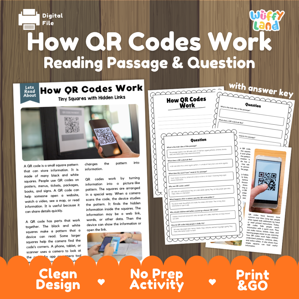 Digital educational activity sheet titled 'How QR Codes Work: Reading Passage & Question' with an answer key, shown on a wood-textured background. The design includes a digital file icon, the brand name 'Wiffly Land' in the top right, a sample QR code explanation panel on the left, worksheet pages in the center-right, and orange banners at the bottom reading 'Clean Design', 'No Prep Activity', and 'Print & GO'.