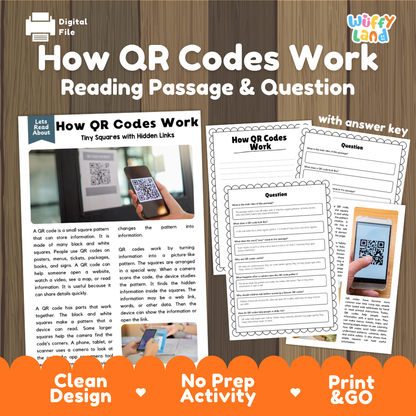 Digital educational activity sheet titled 'How QR Codes Work: Reading Passage & Question' with an answer key, shown on a wood-textured background. The design includes a digital file icon, the brand name 'Wiffly Land' in the top right, a sample QR code explanation panel on the left, worksheet pages in the center-right, and orange banners at the bottom reading 'Clean Design', 'No Prep Activity', and 'Print & GO'.