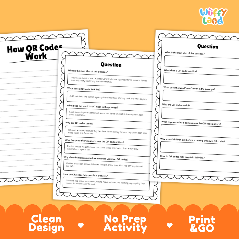Three printable educational activity sheets about QR codes displayed on an orange background with promotional text reading 'Clean Design', 'No Prep Activity', and 'Print & GO'. The sheets have black text and bordered question sections, and the brand name 'Wiffly Land' appears in the top right.