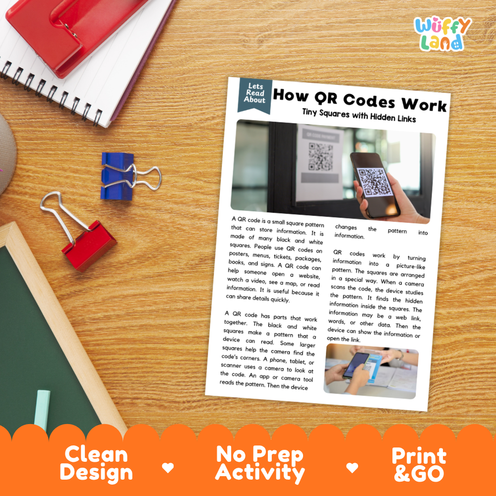 An educational printout titled 'How QR Codes Work' laid on a wooden desk, surrounded by school supplies including a red spiral notebook, blue and red binder clips, and a white pencil. The printout features text and small QR code illustrations.