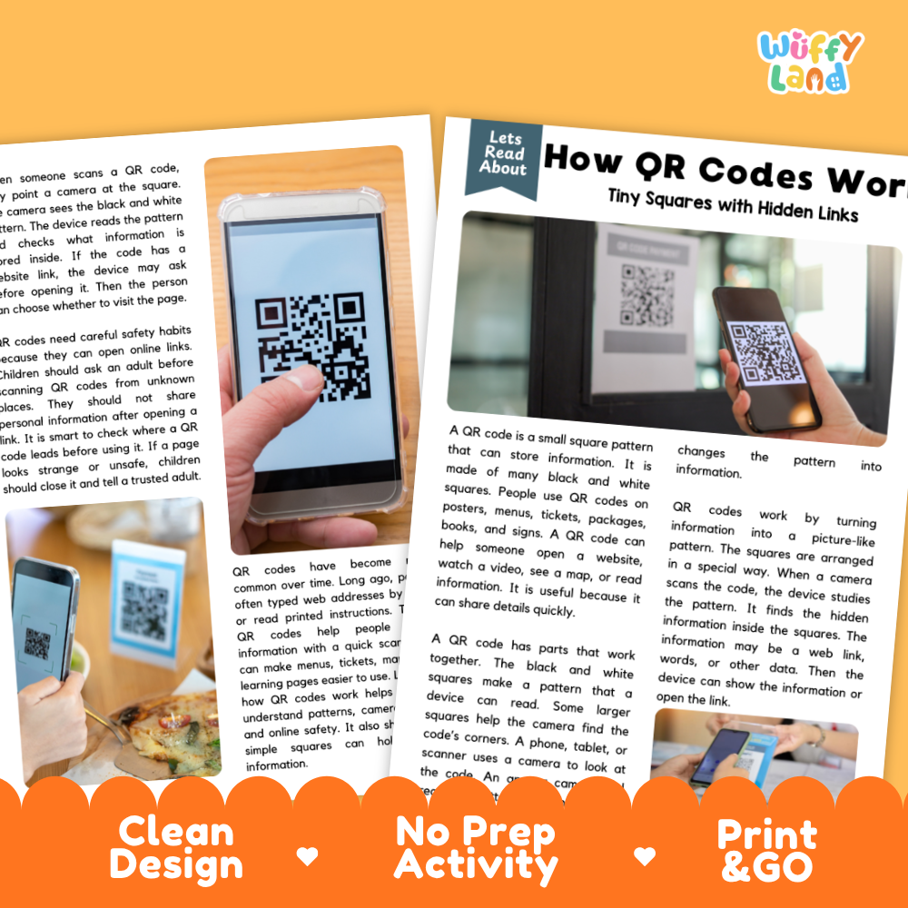 An educational poster and booklet from 'Wiffly Land' explaining how QR codes work, featuring a QR code, a smartphone camera graphic, and text on a white background with an orange banner at the bottom.