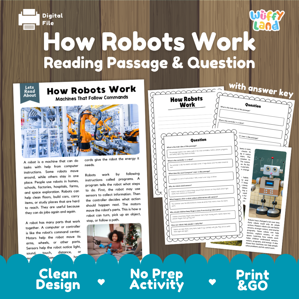 How Robots Work Reading Passage and Comprehension Questions with Answer Key Worksheets