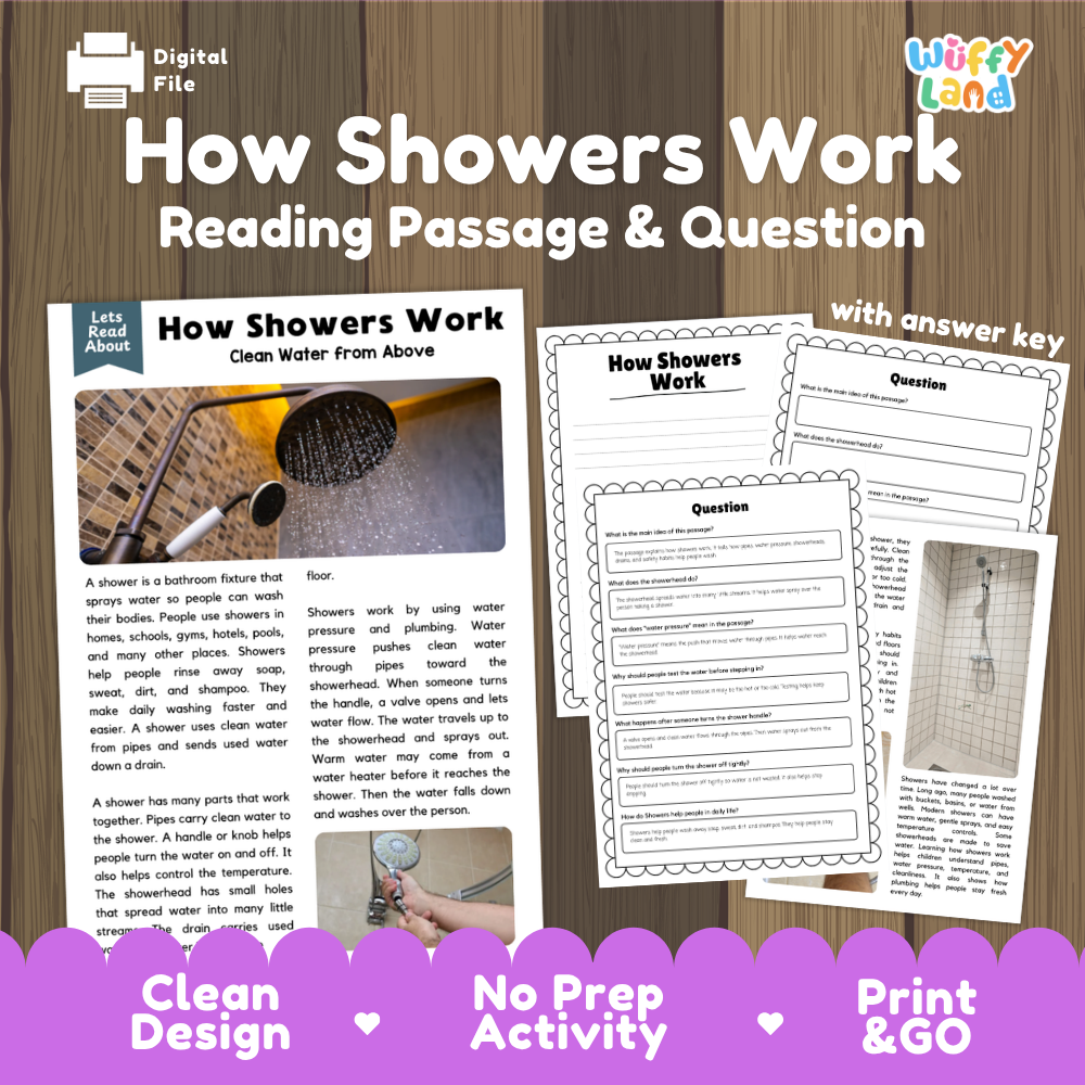 Digital reading activity sheet set titled 'How Showers Work' on a wood-textured background, showing a reading passage, worksheet pages, and a purple banner with 'Clean Design', 'No Prep Activity', and 'Print & GO'.