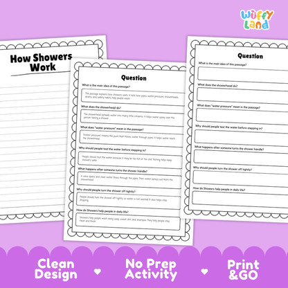 Three printable worksheet pages for a water conservation activity, titled 'How Showers Work', 'Question', and 'Why People Turn Off the Shower Before Bed', displayed on a purple background with 'Wiffly Land' branding and feature callouts at the bottom.